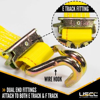 2'' X 12' Yellow E-Track Cam Strap w/Spring E-Fittings and Wire Hooks