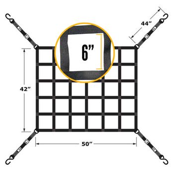 dimensional image of a cargo net with net size, hole size, and overall net size